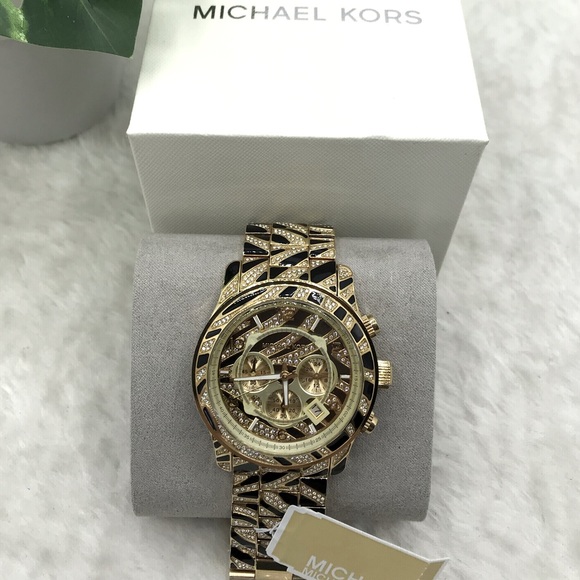 Michael Kors Other - MK Michael Kors Mens Runway Gold tone pave & black acetate bracelet watch MK6904